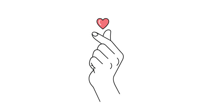 Minimalist line art illustration of a hand making the Korean finger heart gesture with a small red heart symbol above it.