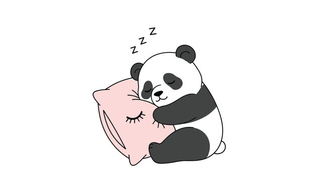 Cute baby panda bear sleeping soundly on a soft pink pillow with zzz symbols expressing deep rest and relaxation.