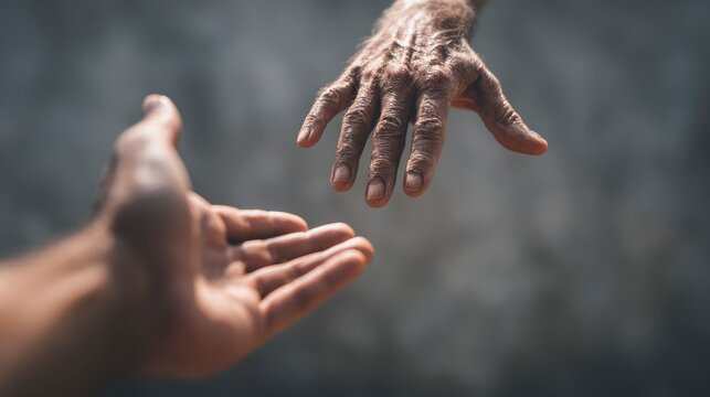 Close-up of two hands, one reaching out to the other. Focused on touch and connection with blurred grey background