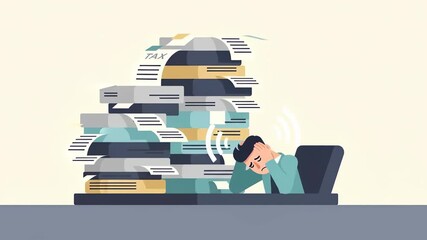 A stressed businessman is buried under a towering stack of tax paperwork in this flat vector illustration. - Powered by Adobe