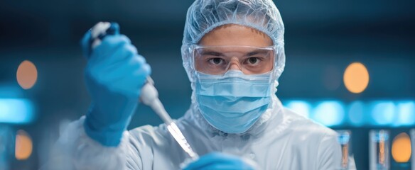 Innovative scientist meticulously using a pipette and advanced lab equipment in a sleek laboratory