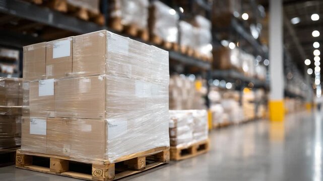 218Side perspective of pallet stacked with boxes of food, clear shrink wrap tightly securing items, warehouse aisles softly blurred in the background