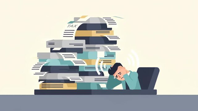 A stressed businessman is buried under a towering stack of tax paperwork in this flat vector illustration.