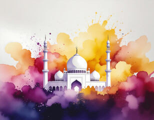 Colorful watercolor art illustration of a mosque in the background featuring a grunge paint splash design with decorative circle elements and a banner frame