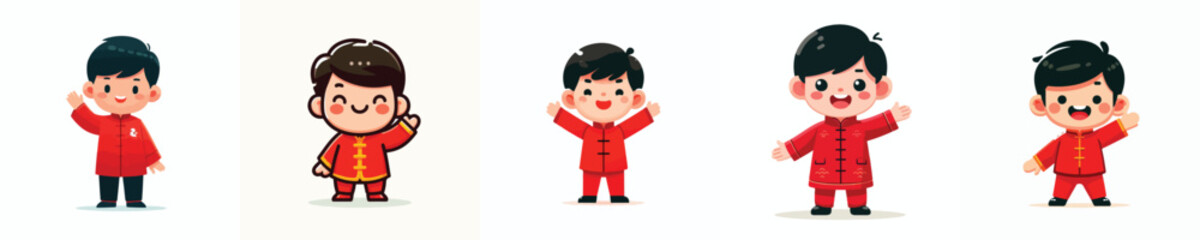 Obraz premium vector little boy standing waving hand celebrating Chinese New Year