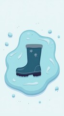 Rubber boot in a puddle on a cold winter day, playful design, digital illustration, copy space
