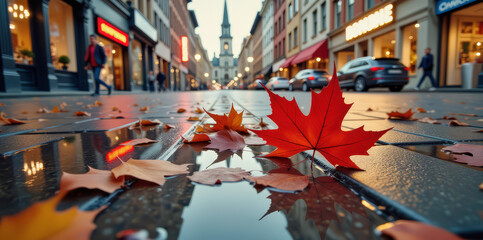 Autumn City Square &ndash; Maple Leaf on Wet Pavement with Historic Architecture for Urban Seasonal Mood and Travel Photography