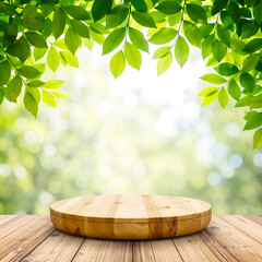 Circular Wood Slice Display on Light Plank Floor with Green Leaves Frame and Forest Bokeh Background