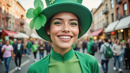Festive St. Patrick's Day Parade Participant &ndash; Smiling Woman in Green Costume for Cultural Celebrations, Festival Marketing, and Irish Heritage Presentations