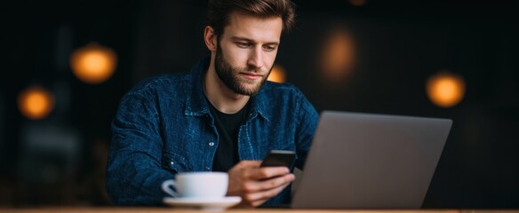 A digital nomad sipping coffee while dancing with a laptop and smartphone at a café.