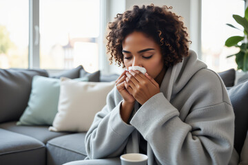 Sick Woman with Curly Hair &ndash; Cozy Home Recovery Scene for Health Blogs and Medical Wellness Content