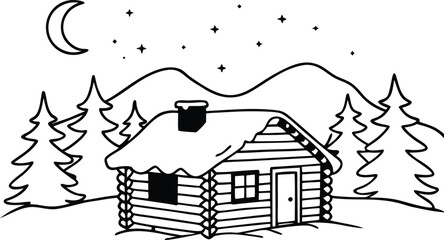 Cozy Wooden Log Cabin in Winter Night with Snowy Forest Vector Illustration