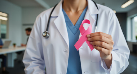 Medical Support Ribbon &ndash; Healthcare Professional Holding Pink Awareness Symbol for Health Education and Medical Advocacy Campaigns