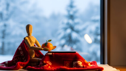 雪景色を背景にこたつに入るデッサン人形