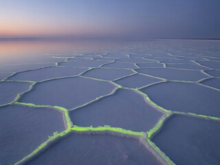 Ethereal hexagonal salt flats glow with neon green algae under a soft twilight sky creating abstract patterns