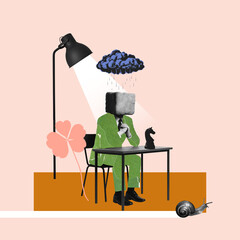 Surreal collage of a man in a green suit sitting at a desk with a stone block for a head and a dark cloud above him. The image symbolizes burnout, heaviness, creative block and lack of motivation in m