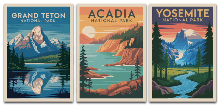 National park travel poster triptych, Grand Teton Acadia Yosemite illustration, vintage landscape artwork, scenic American wilderness wall art for nature lovers