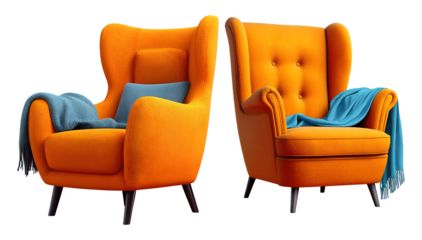Two vibrant orange retro wingback armchairs featuring cozy blue accents ready for interior design projects on transparent background