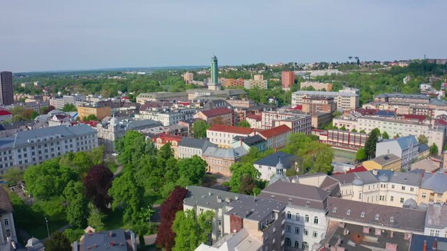 Drone shot of city center of ostrava and town hall