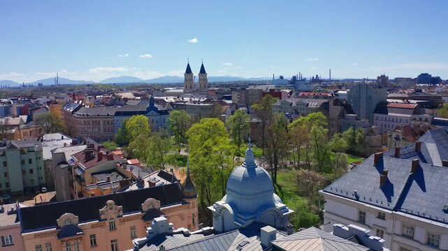 Revealing wide drone shot of buildings in ostrava city center