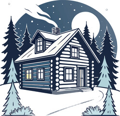 Cozy Wooden Log Cabin in Winter Night with Snowy Forest Vector Illustration