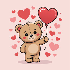Obraz premium A charming cartoon teddy bear joyfully holding a vibrant red heart shaped balloon amidst floating hearts