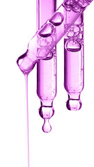 Set pipette violet serum drop with clear liquid niacinamide, hyaluronic or Aha Bha acids on a white isolated background. Textured swatch skincare. Laboratory cosmetics