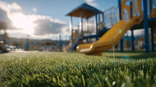 240Perspective from ground level showing artificial turf leading to bright slides and climbing equipment, warm sunlight illuminating the cheerful playground atmosphere
