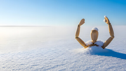 深い雪に腰まで埋まって動けないデッサン人形