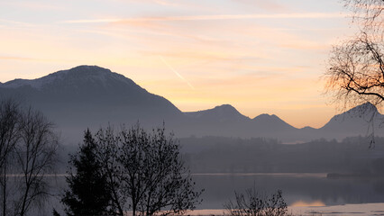 Sunset on Lake Hopfen in Bavaria Germany in Winter 2025 - Great Orange and Blue - Beautiful Alps...