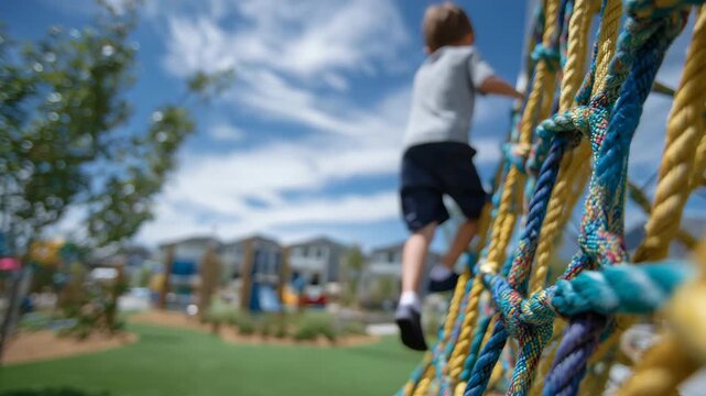 245Side view of a child climbing a colorful rope net in a sunny playground, green artificial turf beneath, emphasizing safe and lively recreational space