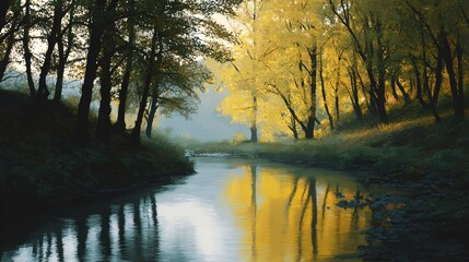 Autumn reflections tranquil river scene amidst golden trees nature landscape serene environment peaceful viewpoint