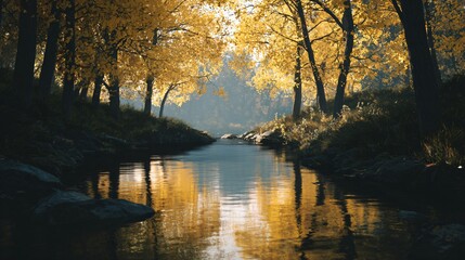 Obraz premium Autumn serenity flowing stream in a golden forest nature scene peaceful atmosphere captured from riverbank perspective