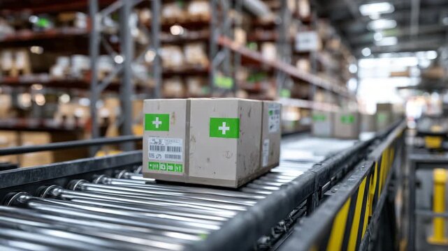 254Conveyor belt with green-cross marked boxes approaching a loading dock, warehouse shelves lined with additional medical supplies, organized and efficient environment