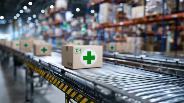 253Close-up view of boxes with green medical cross symbols traveling on a sleek conveyor system, warehouse racks filled in the background, emphasizing precision and reliability