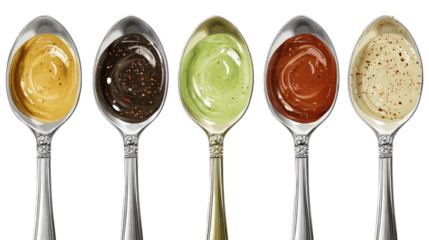 A spoonful of each of five different sauces, isolated on a transparent background
