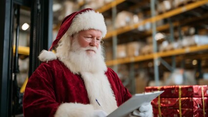 263Santa Claus stands thoughtfully beside a towering stack of red and gold presents, reviewing a detailed manifest while forklifts move gifts in the bustling warehouse behind him