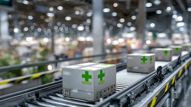 264Dynamic shot of green-cross labeled boxes moving along an automated conveyor line, bright warehouse lighting reflecting on metallic surfaces, organized workflow captured