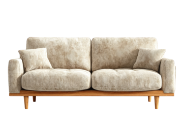 Modern comfortable beige corduroy two seater sofa with wooden legs ready for interior design projects on transparent background