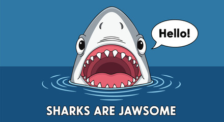 Cute Cartoon Shark with Open Mouth and Saying Hello, Perfect for Kids' Content and Marine Life Education.