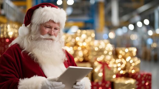 272Side view of Santa reviewing a detailed list, huge stacks of holiday gifts in red and gold behind him, warehouse filled with automated activity and glowing lights