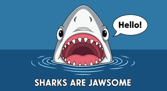 Cute Cartoon Shark with Open Mouth and Saying Hello, Perfect for Kids' Content and Marine Life Education.