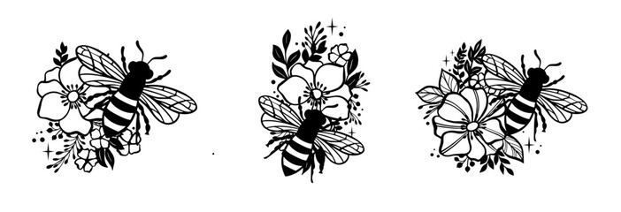 Honey Bee vector design templete. Vintage bee with flowers for logo, label, sublimation, sticker.