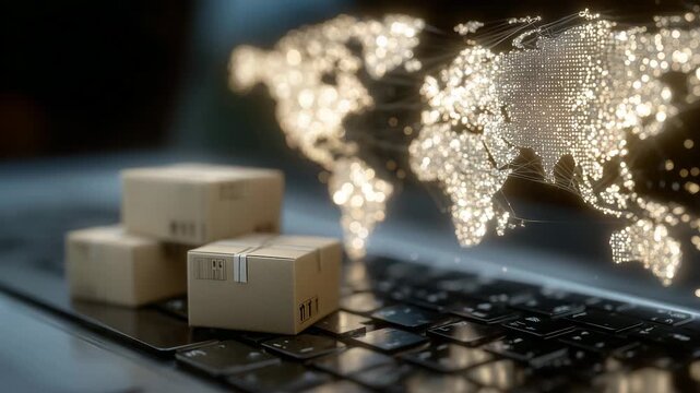 279Perspective view of small parcels atop a keyboard, world map overlay with illuminated trade routes in background, representing rules and flow of global e-commerce