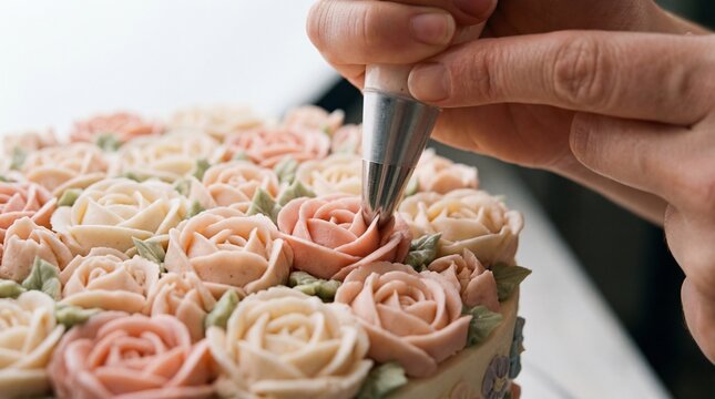 Hand Decorating Cake With Buttercream Roses Using Piping Bag Close Up