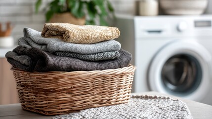 A stack of folded sweaters sits in a woven basket atop a wooden surface, with a washing machine in background