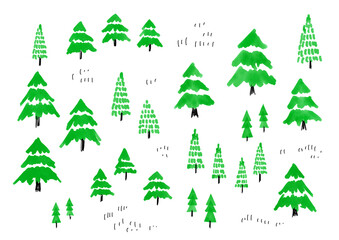 Hand drawn watercolor green tree illustration set　手書きの木と森のイラストセット