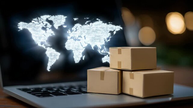 282Miniature cardboard boxes stacked on laptop keyboard, holographic world map projected behind, emphasizing cross-border online commerce regulations