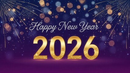 Elegant happy new year 2026 banner with golden glitter numbers and soft bokeh lights on purple backdrop