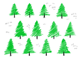 Hand drawn watercolor green tree illustration set　手書きの木と森のイラストセット